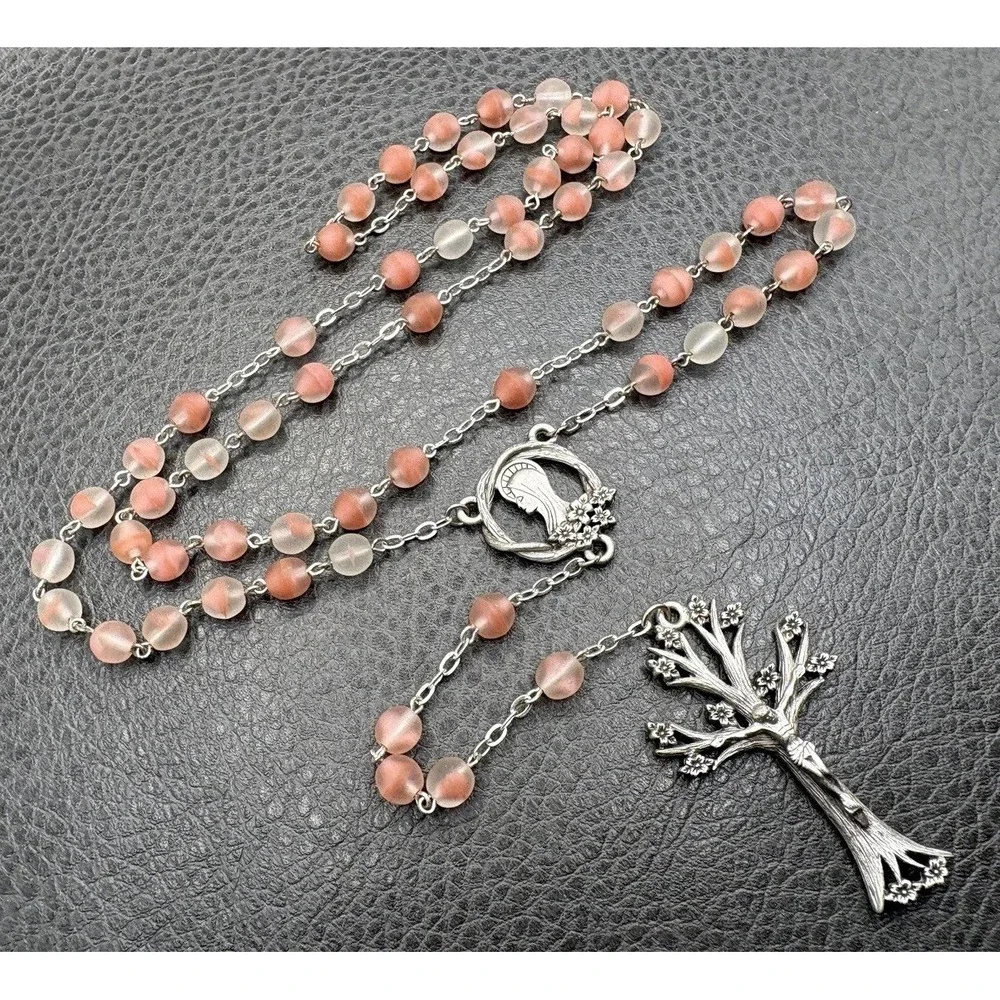 Dogwood Tree Pink Glass Rosary Bead Necklace Cross Pendant Silver Tone Boho